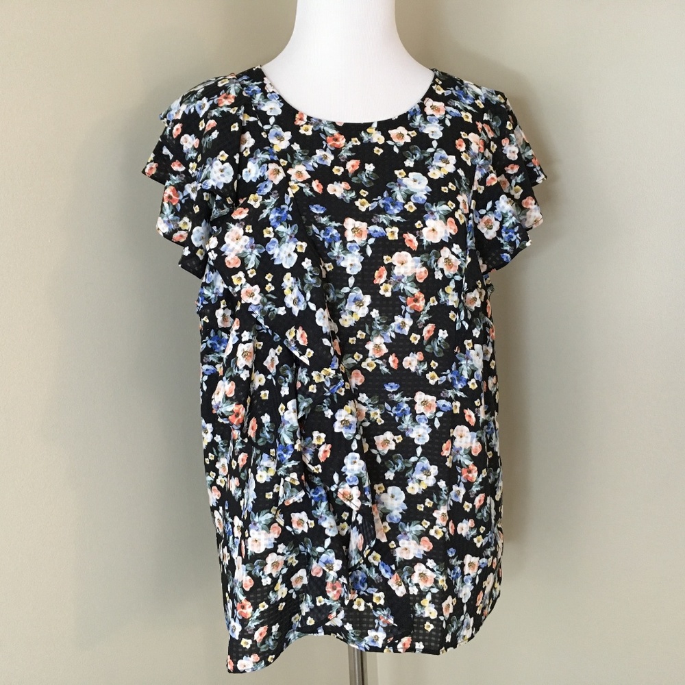 14th & Union Large Shirt Top Ruffle Floral Black s